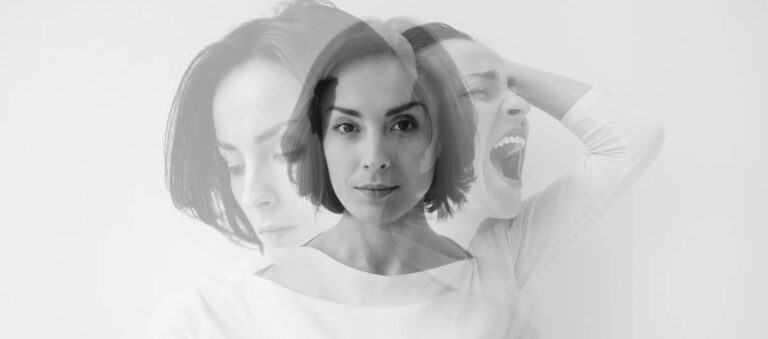 Artistic black and white collage of woman showing three emotions, portraying bipolar disorder